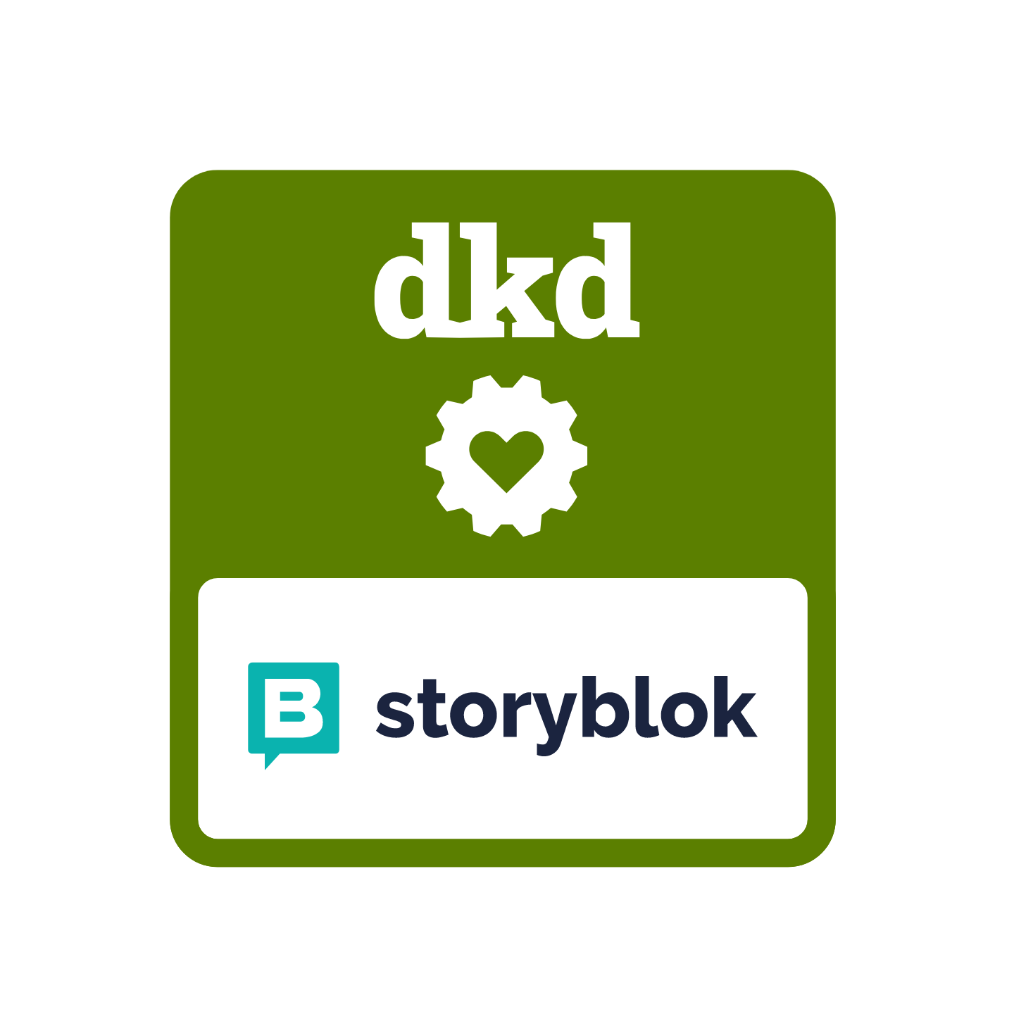 Weisses dkd-Logo auf grünem Hintergrund mit Storyblok-Logo