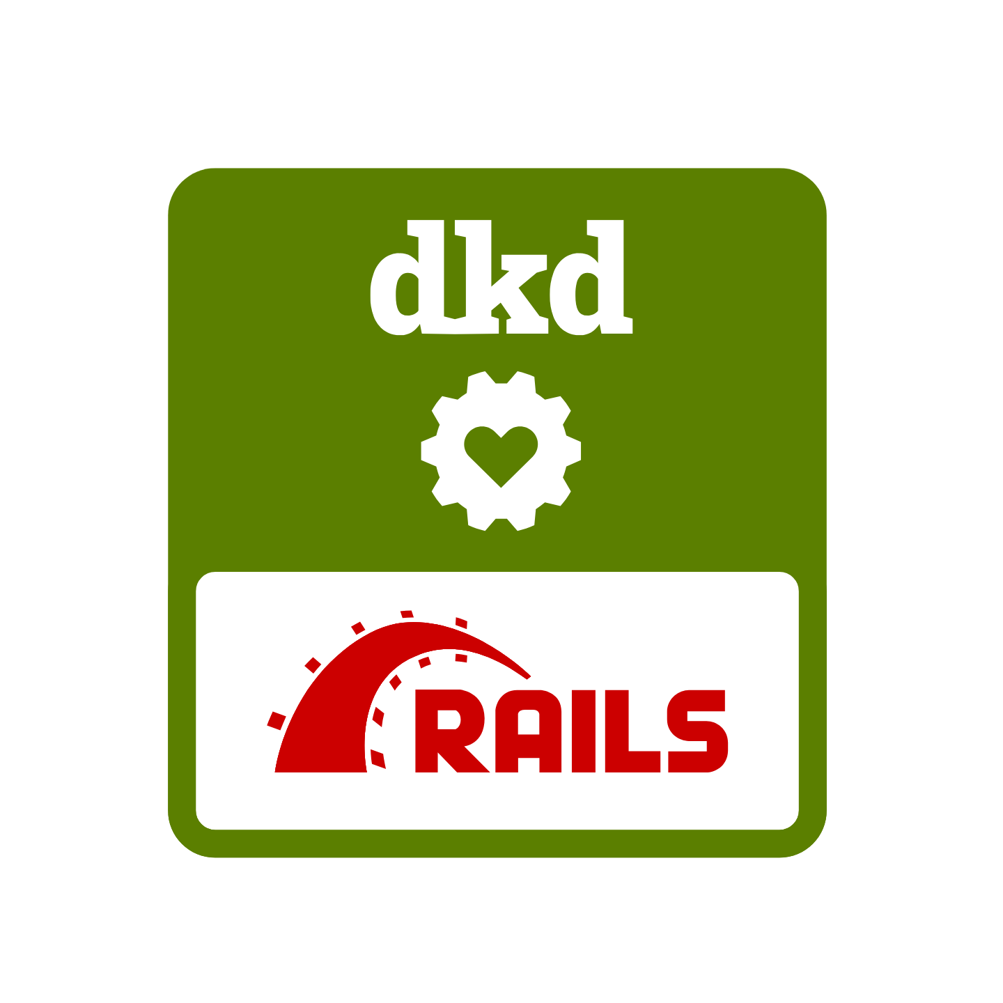 Weisses dkd-Logo mit Rails-Logo auf grünem Hintergrund