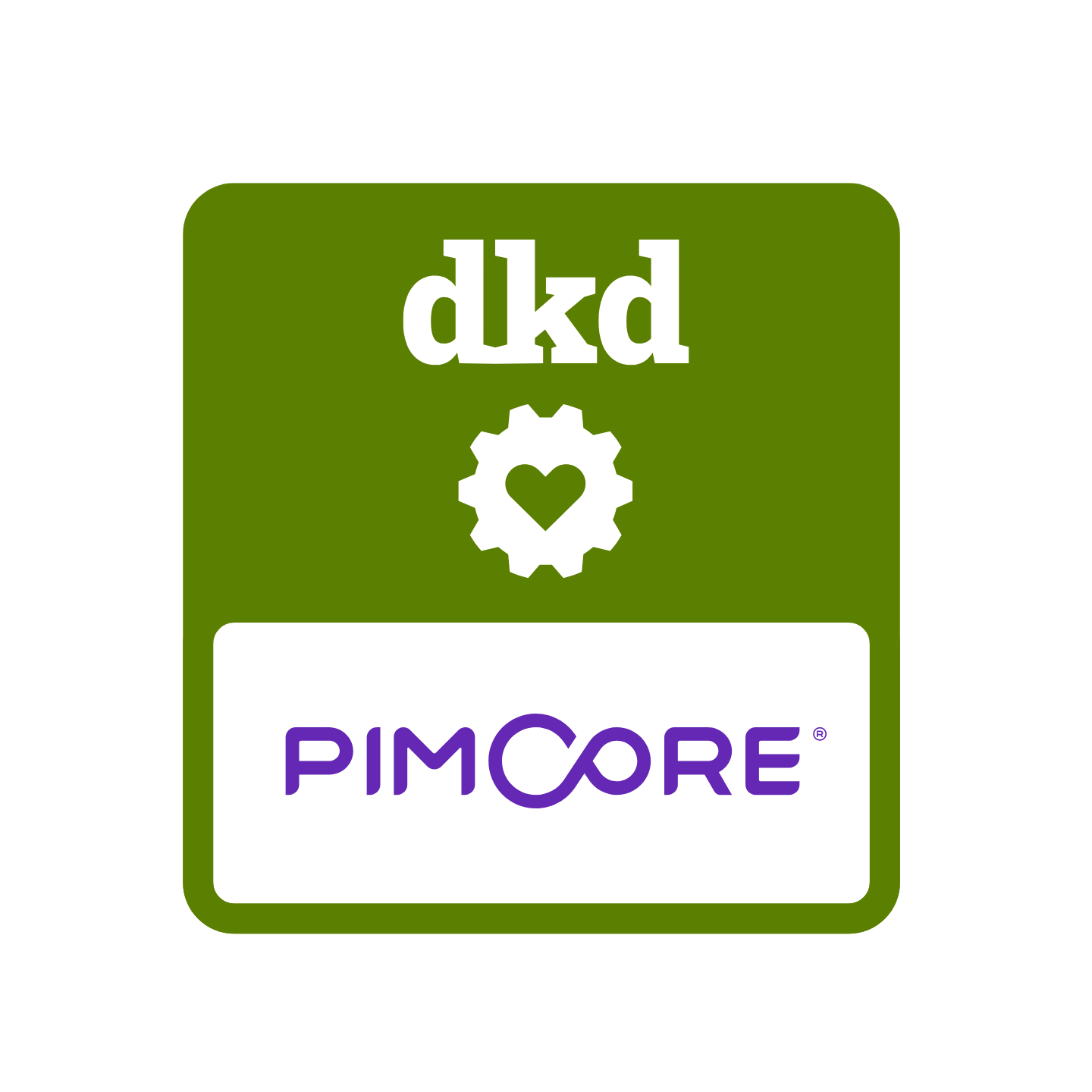 Weisses dkd-Logo auf grünem Hintergrund und einem Pimcore-Logo
